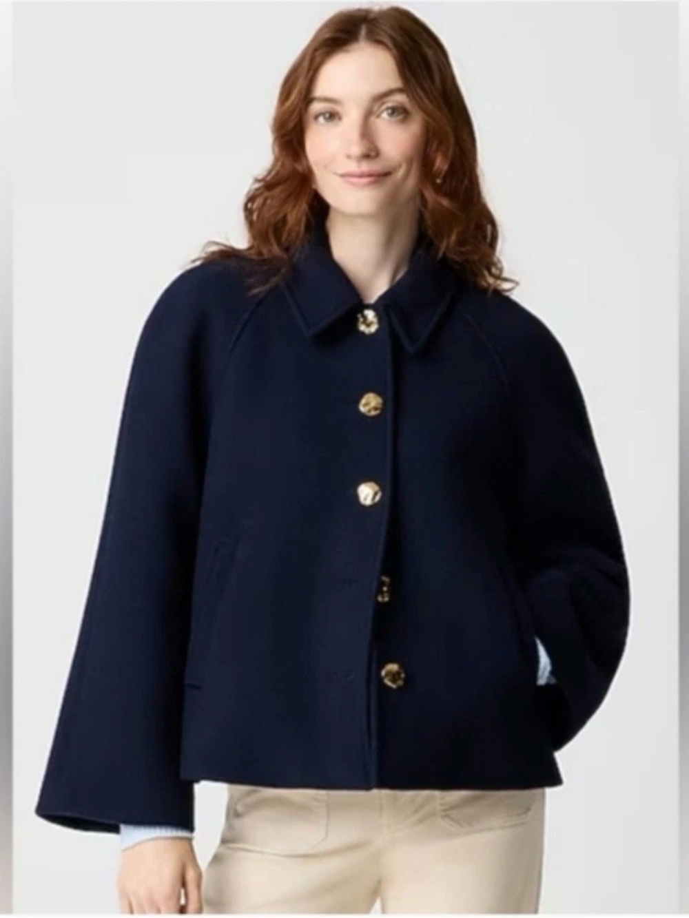 J. Crew Factory Cropped Wool Blend Swing Coat Women’s Large Petite Navy Blue